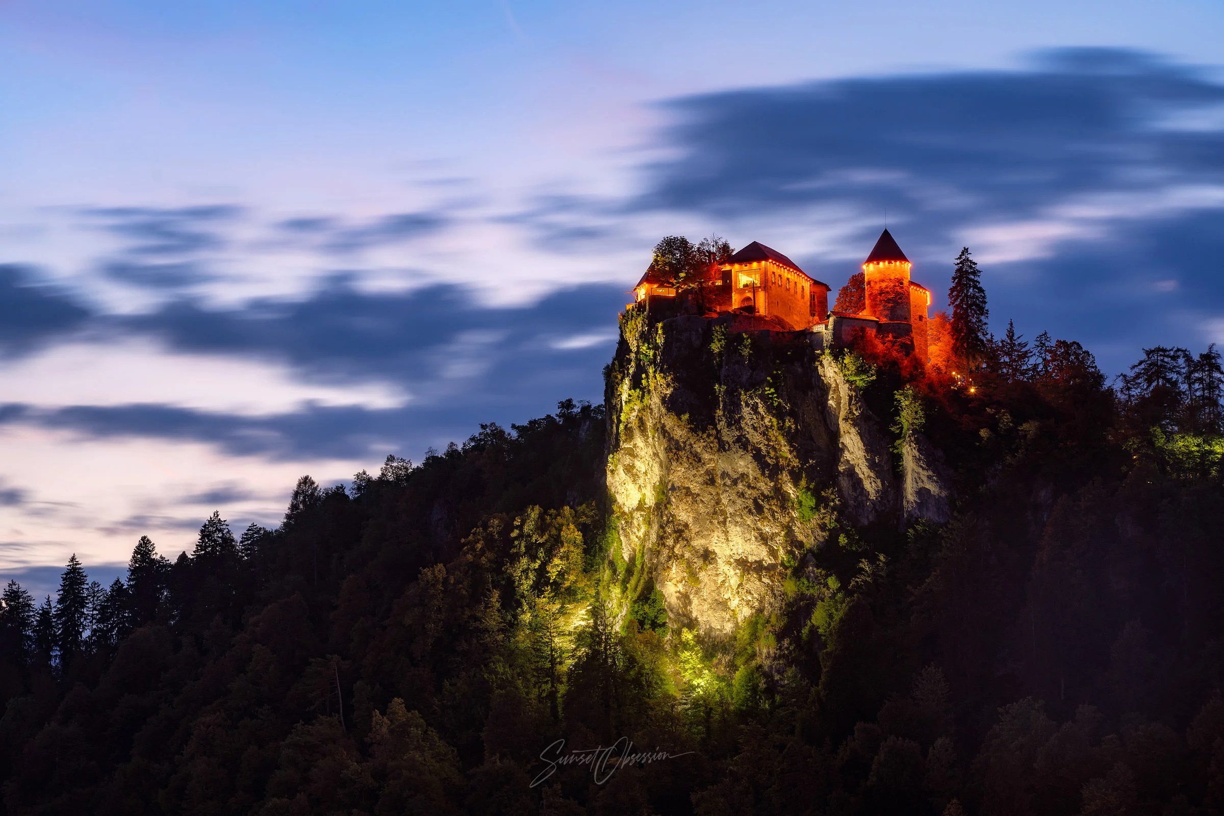 Castle Bled during the evening blue hour, Slovenia