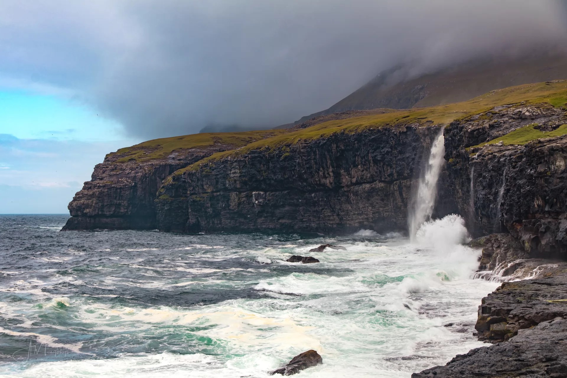 Eiði waterfall on the island of Eysturoy, Faroe Islands
