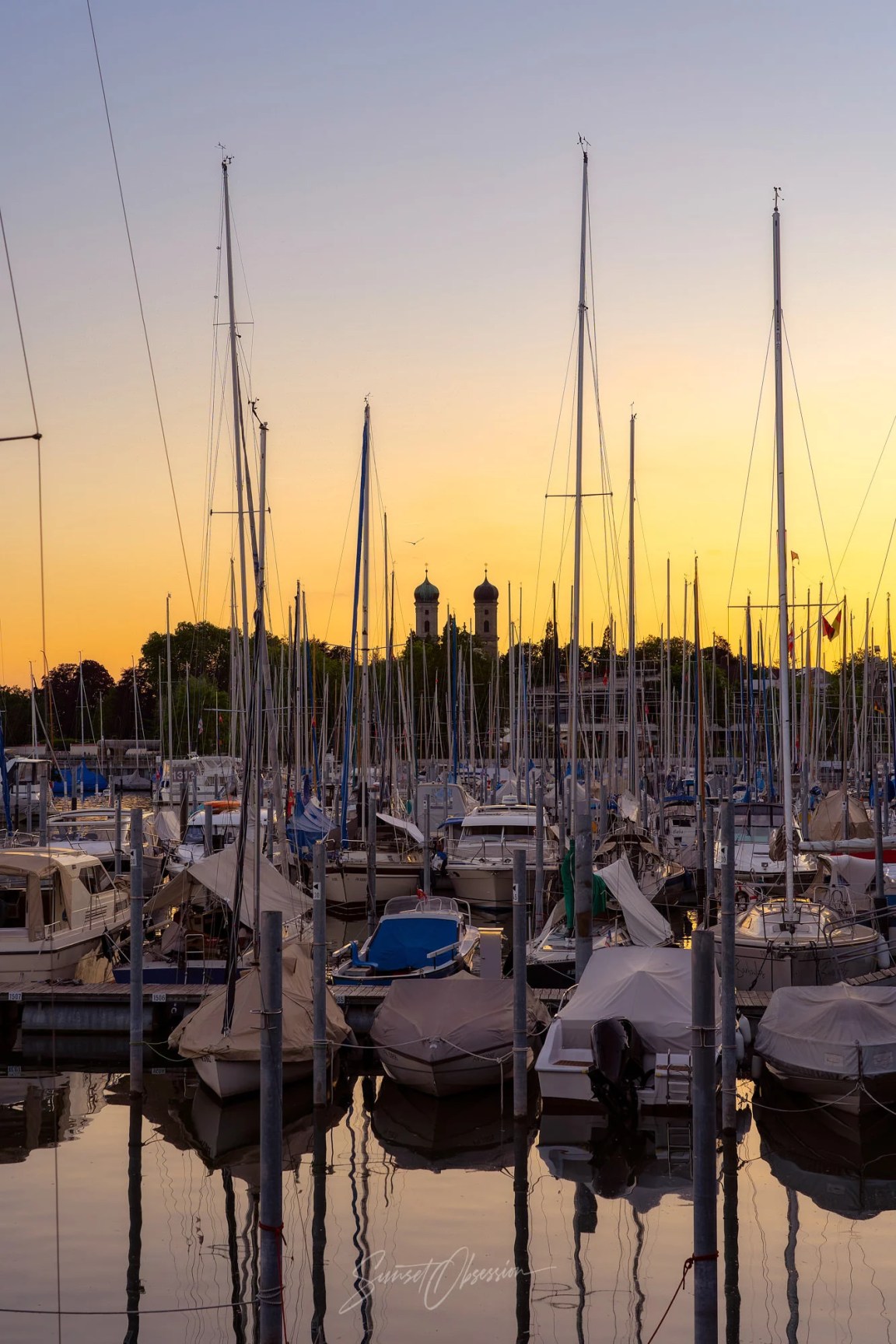 Sunset over marina in Friedrichshafen, Bodensee, Germany
