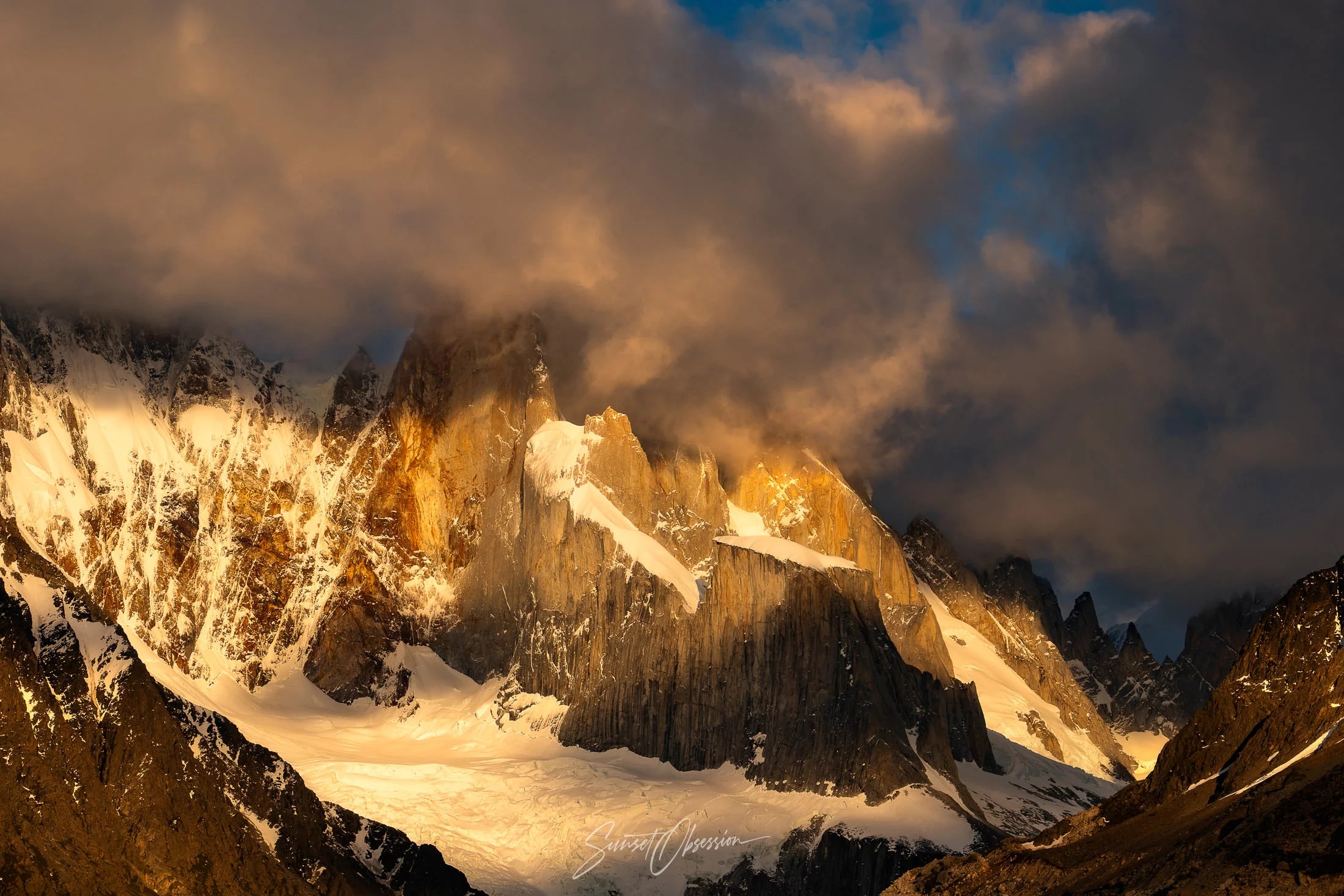 Golden sunrise light on Cerro Torre, Laguna Torre, Argentinean Patagonia