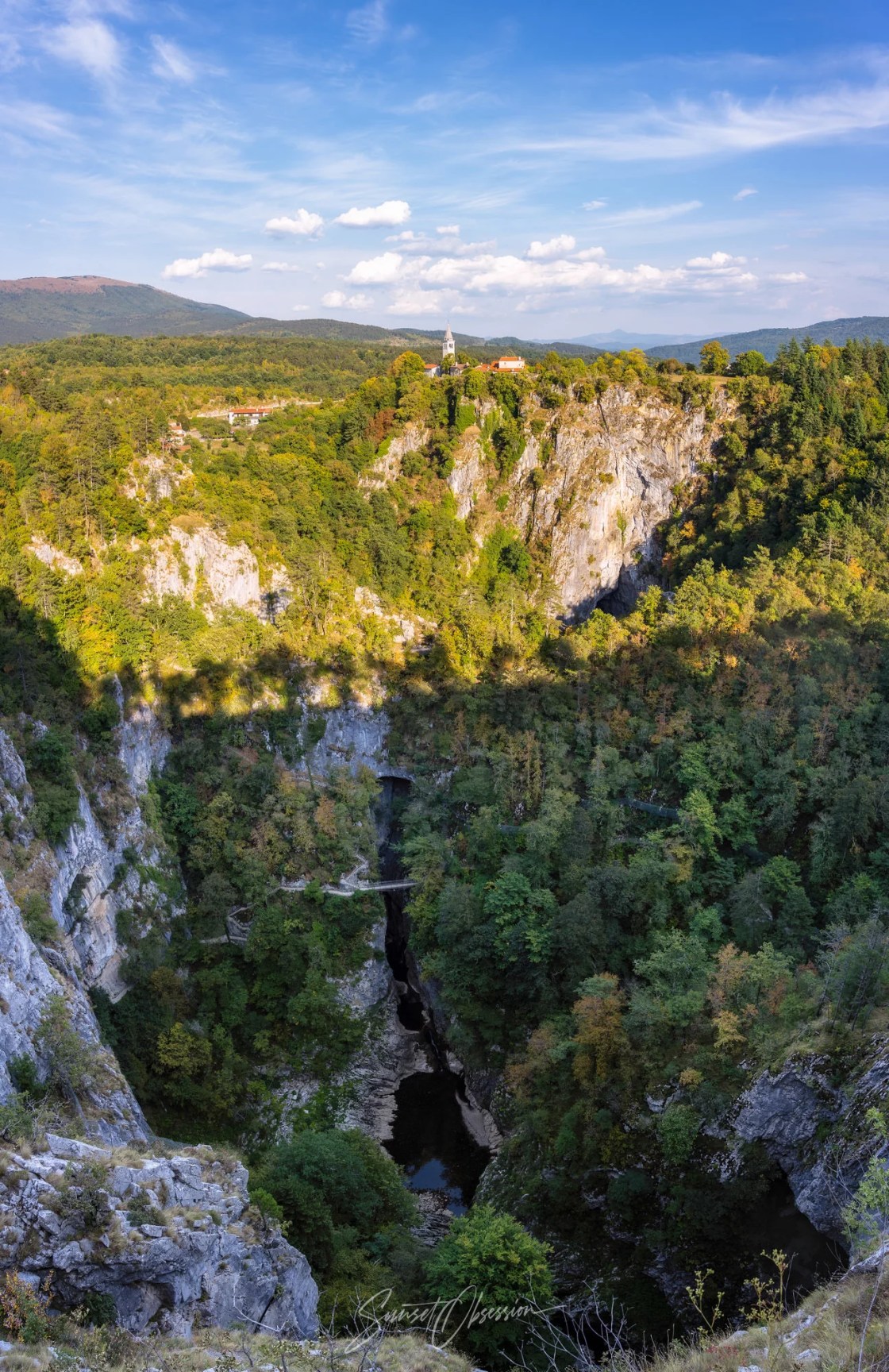 St. Cantianus's Church perched on the cliff high above the Reka river and Skocjan Caves