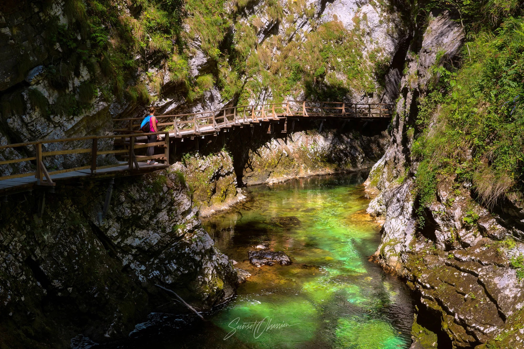 Vintgar Gorge is a popular hiking trail near Lake Bled in the Julian Alps of Slovenia
