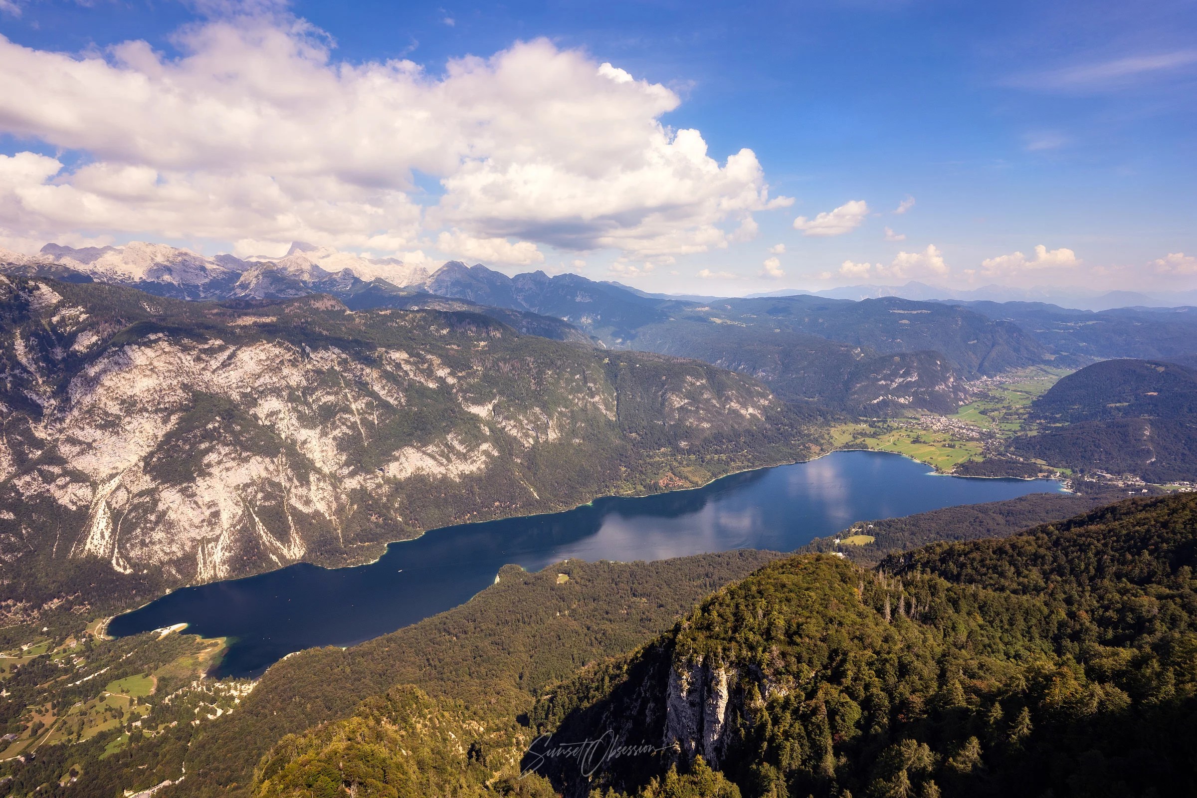 Areal view of Lake Bohinj en route to Mount Vogel hike