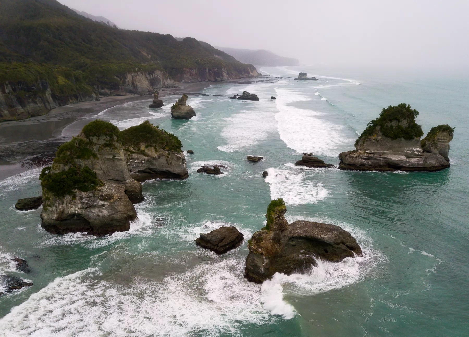 Motukiekie Beach on an overcast day