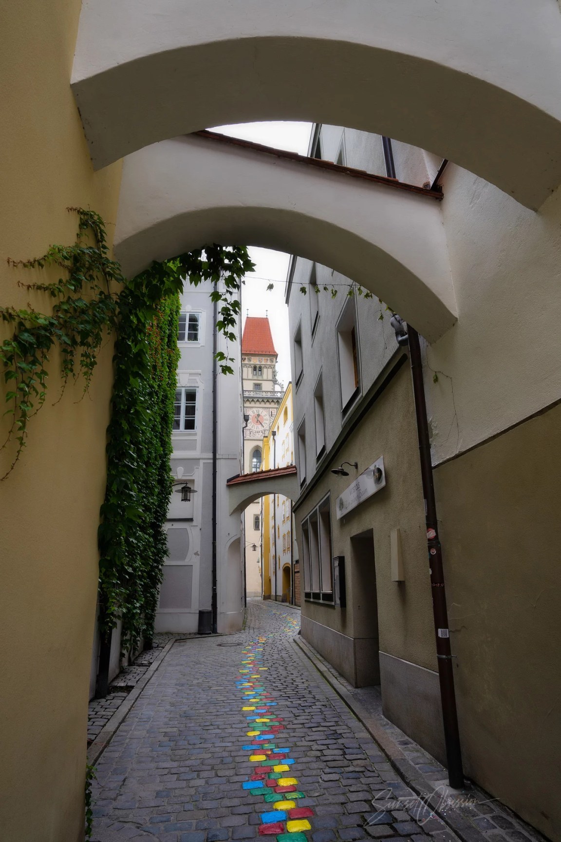 The narrow streets of the old town in Passau, Germany