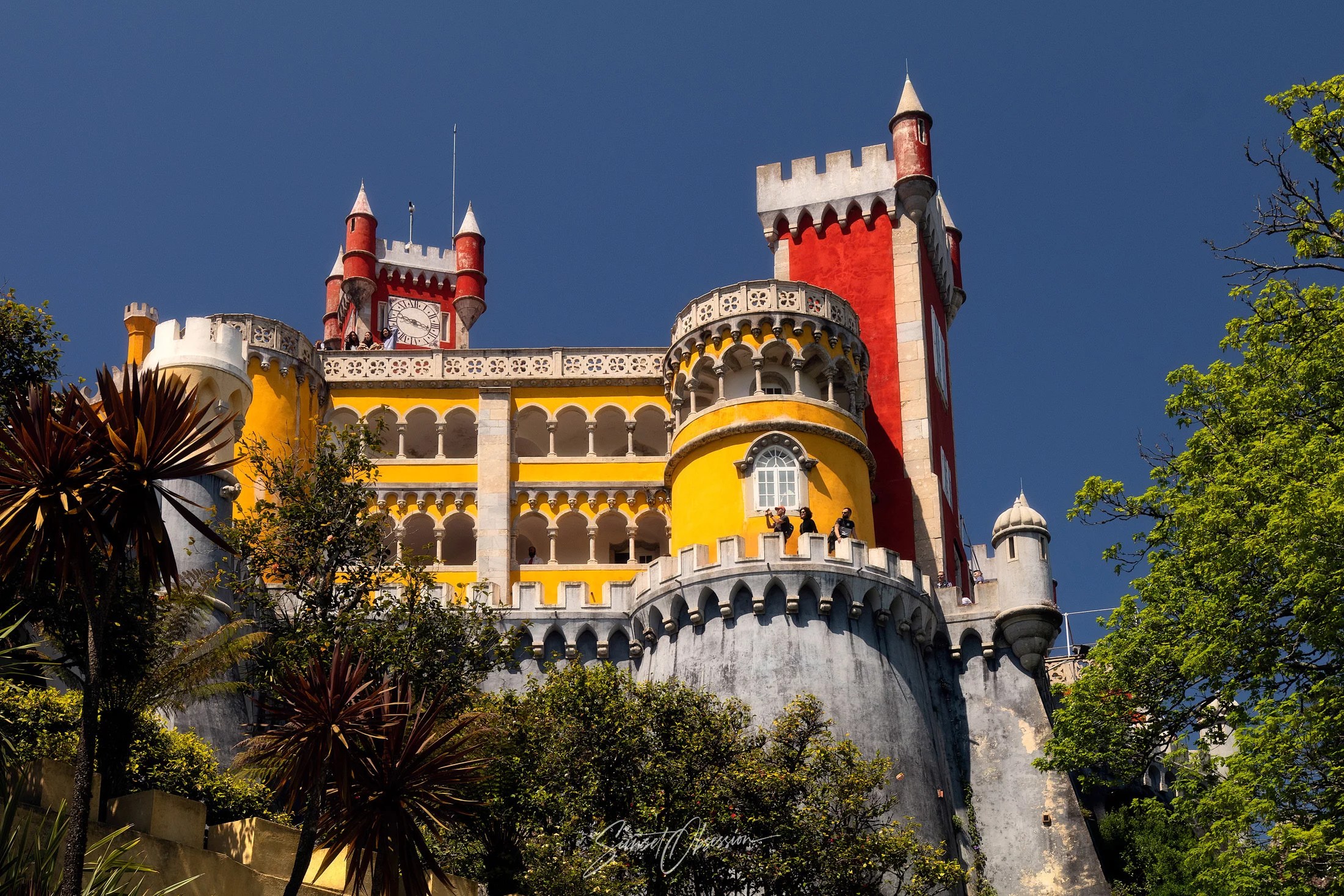 Pena Palace and its galleries from up close, Sintra, Portugal
