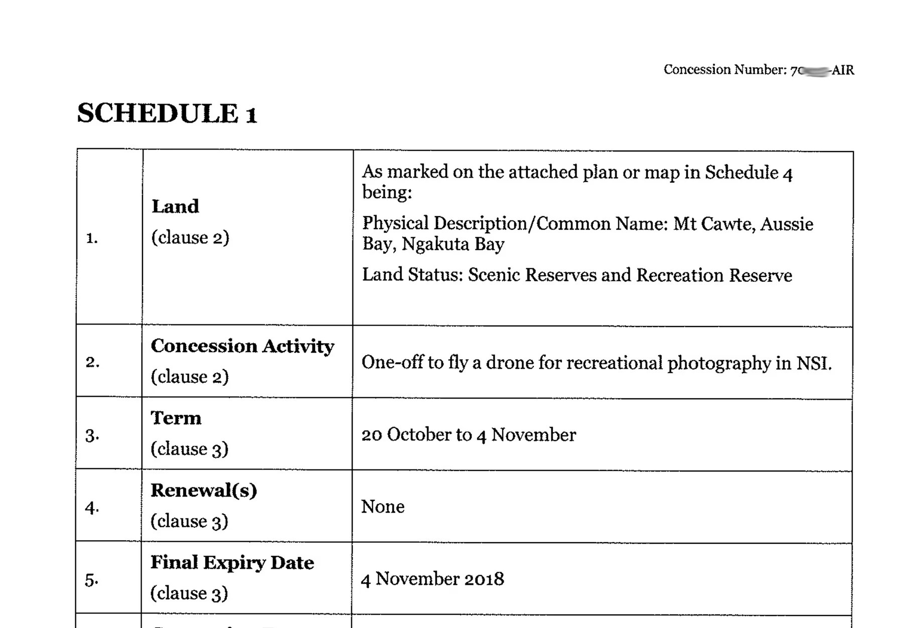 First page of the contract detailing some of the conditions