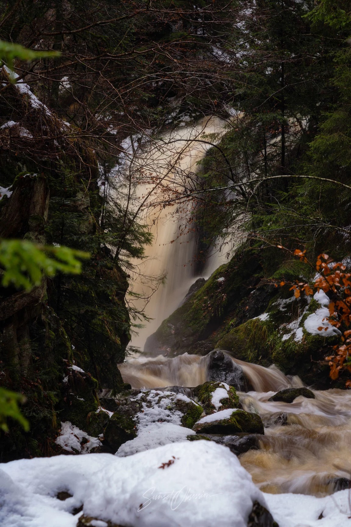 Ravenna gorge Big Waterfall in winter, Black Forest, Germany
