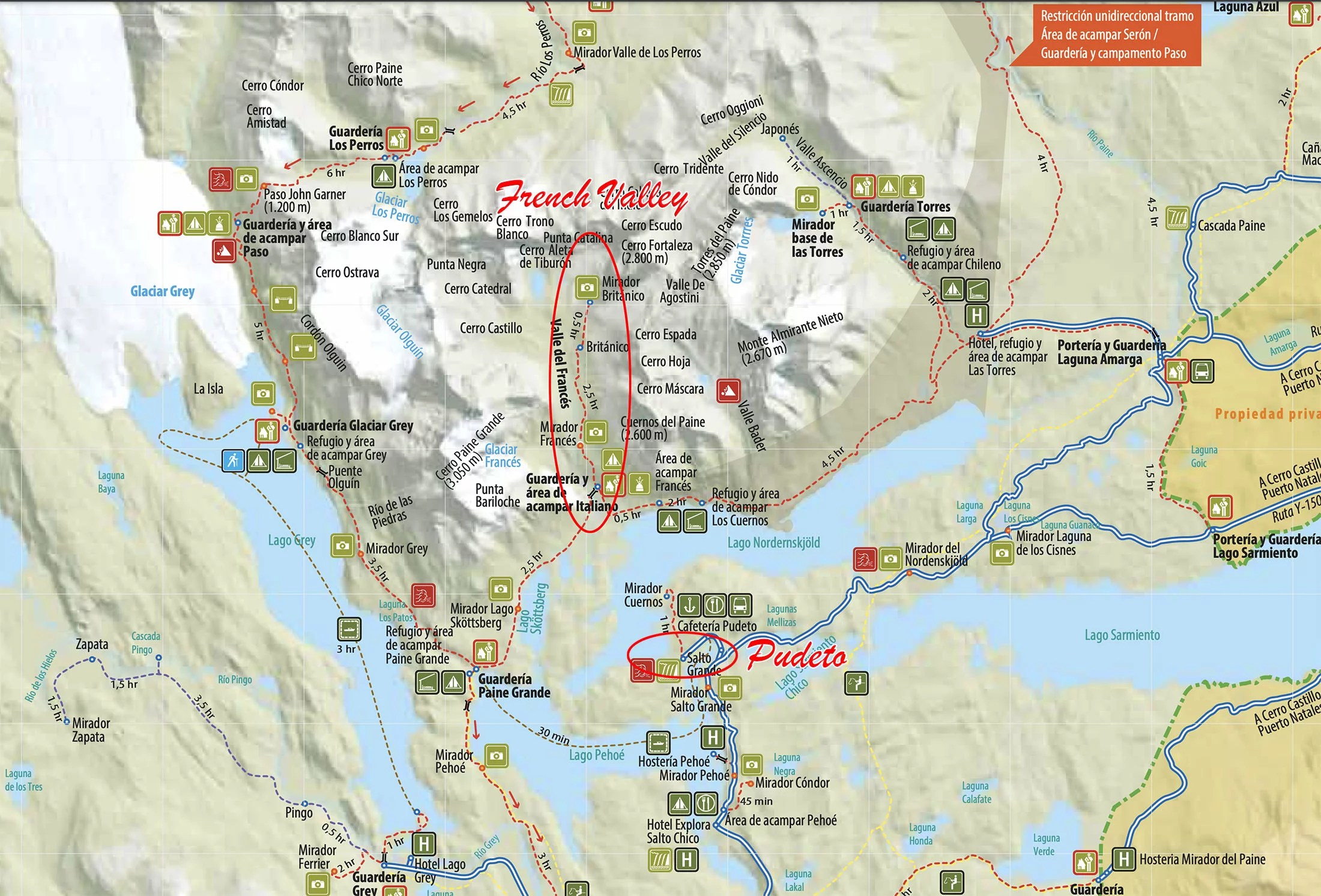 Map of Torres del Paine with the French Valley hike and Pudeto Station