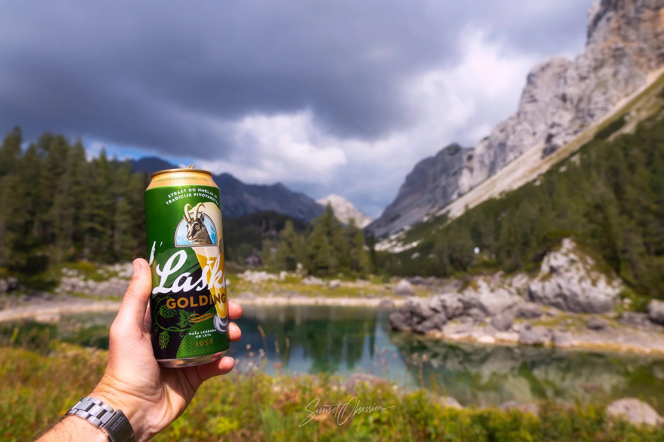 Enjoying a cold one in Triglav National Park, Slovenia